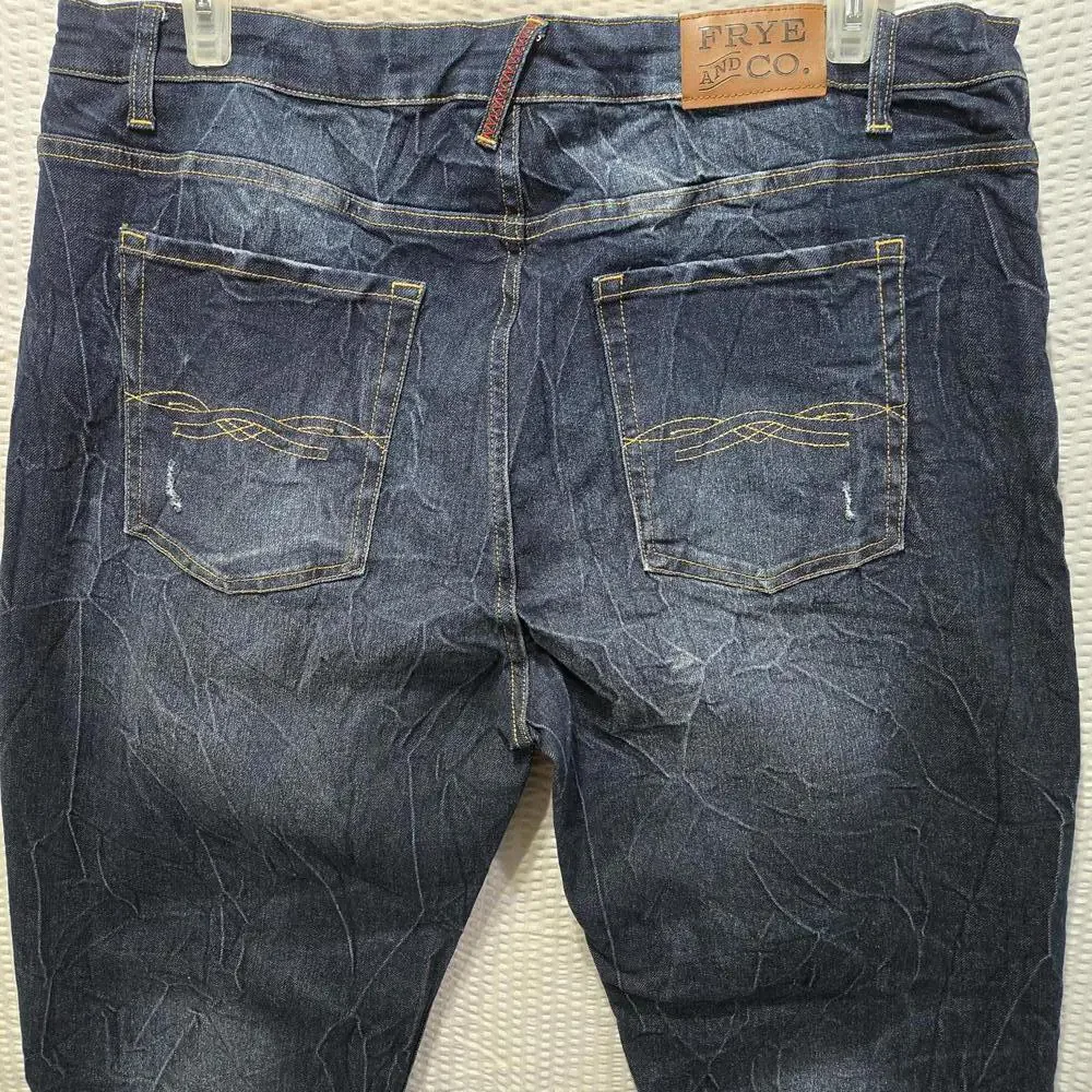 Frye And Co. Men's Straight Leg Dark Wash Distressed Whiskered Jeans Size 38X30